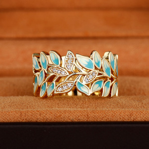 Anello da Cocktail F1667 per Donna, Tono Dorato con Smalto Blu, Design a Foglia con Zirconi Cubici, Anello Elegante da Festa - Product Image 1