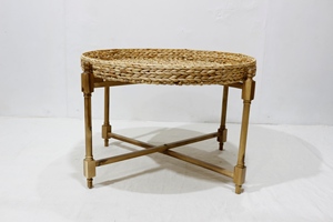 Mesa de centro duradera con patas de madera y 1 cesta de jacinto de agua, muebles de estilo rústico para decoración del hogar - Product Image 4