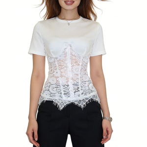 Camiseta de encaje para mujer con contraste, manga corta, top ajustado con dobladillo a la moda - Product Image 2