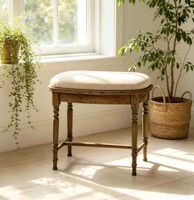 Tabouret rembourré en bois vintage avec coussin en tissu beige, repose-pieds rembourré, pieds tournés pour chambre, entrée, salon, mobilier de maison