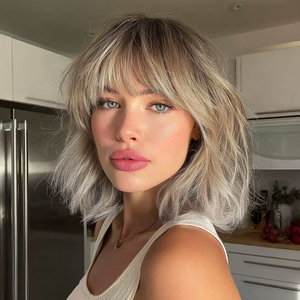 Perruque synthétique courte brune ondulée effet mouillé, résistante à la chaleur, longueur épaules, <span class=keywords><strong>avec</strong></span> <span class=keywords><strong>frange</strong></span>, <span class=keywords><strong>cheveux</strong></span> naturels ondulés pour femmes, SM030, faible MOQ1 - Product Image 6