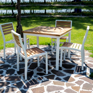 Conjunto de Comedor de Madera para Exteriores con Tablero de Teca, Estructura de Madera, Patas Cónicas, Muebles de Jardín Contemporáneos y Estables para Patio - Product Image 1
