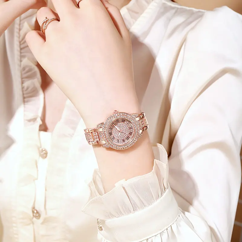 Factory Hot Sale Silver Gold Rose Gold Color Alloy With Bling Diamond Lady Quartz Electronic Watch