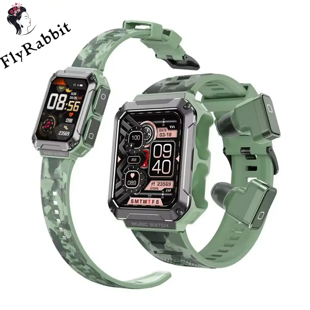 Flyrabbit jam tangan pintar T93 2 dalam 1 pria, dengan Earphone Tws earbud 4G memori besar BT panggilan asisten suara