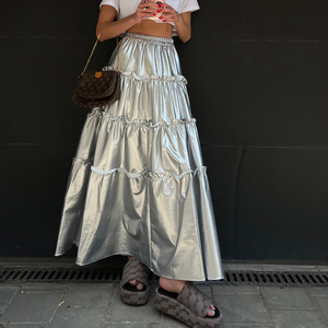 PU Layered <strong>Silver</strong> Latest Design Woman <strong>Skirt</strong> Ruffle Pleated Fashion High Waist 2023 Ladies Leather Maxi Long Women's <strong>Skirts</strong> - Product Image 1