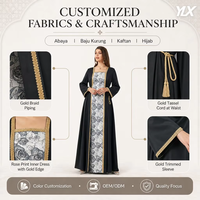 Abaya noire sur mesure pour femme avec bordure tressée dorée et imprimé rose, ensemble deux pièces OEM