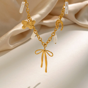 <span class=keywords><strong>Collier</strong></span> avec pendentif nœud en fausses perles pour femme, en acier inoxydable plaqué or 18 carats PVD, style vacances à la plage, été, quotidien, voyage - Product Image 3
