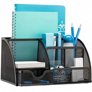 Organisateur de bureau en métal noir à 6 compartiments, organiseur de fournitures de bureau, organiseur de papeterie en métal, organiseur de bureau en maille - Product Image 2