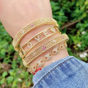 Fashionable Ladies Hollow Out Flower Bohemia Gold Plated Brass Jewellery Cubic Zirconia Bracelet Bangles