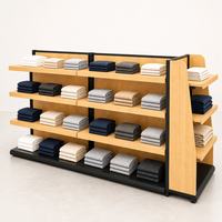 Étagère de présentation gondole double face en MDF bois clair, 4 niveaux, étagères arrière, étagère latérale, base noire, usage commercial