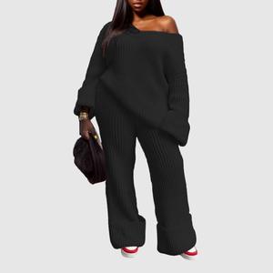 Conjunto de Dos Piezas de Pantalones y Top de Punto de Color Sólido con Cuello en V, Holgado, para Mujer, Disponible en Stock - Product Image 3