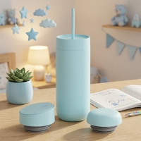 Gobelet isotherme en acier inoxydable bleu ciel de 16 oz, avec revêtement en poudre, pour les voyages, avec 3 couvercles, pour le café, le thé, les boissons froides