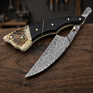 ASAP Damascus Steel Single Blade Folding Knife Wood Handle Horn Inlay Straight Styling Razor <b>Edge</b> Texture Layering Barber Body - Product Image 2