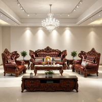 Europäischer Stil Ledersofa-Set Luxus 3-Sitzer 2 Sessel Geschnitzter Holzrahmen Ecksofa Wohnzimmer Hotel Möbel