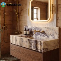 Vasque murale flottante en marbre naturel StoneSun Calacatta Viola, rainurée, faite à la main, pour salle de bain de villa