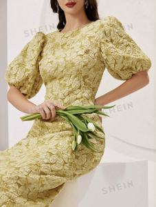 Tejido 100% poliéster dimensional elástico Jacquard <span class=keywords><strong>tela</strong></span> textil para hacer mujeres Puff manga cuello redondo vestido ropa - Product Image 3