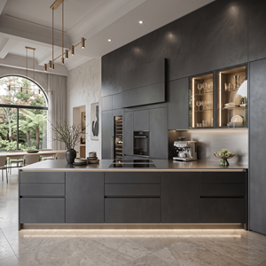 <span class=keywords><strong>Meuble</strong></span> de Cuisine Haut de Gamme en Acier Inoxydable Forme Linéaire Anti-Rouille Texture Métallique Armoire de Cuisine Anti-Humidité - Product Image 1