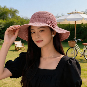หมวกสานทรงชาวประมงลายคลื่นแนวตั้งประดับดอกไม้สามมิติ พับได้ สีพื้น สำหรับผู้หญิง ป้องกันแสงแดดสำหรับกิจกรรมกลางแจ้ง - Product Image 5