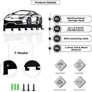 Metal car key wall mount, <b>black</b> wall-mounted key organizer with 7 <b>hooks</b>. - Product Image 4