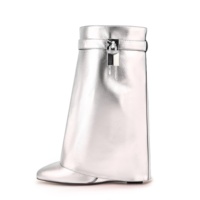 Bottes d'hiver montantes pour femme, style western, à talon compensé et fermeture éclair, avec cadenas, de marque de luxe, modèle 'Shark' métallique