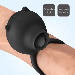 Eletrônico Vibrando Cock Ring de Silicone Língua Lambendo Clitóris Vibrador