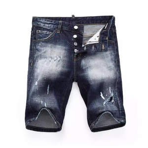 Shorts Vaqueros de Mezclilla para Hombre, Cintura Media, con Botones, Elásticos, Cinco Bolsillos, con Efecto Desgastado, Roto, Parchado, Lavado al Agua y Decolorado - Product Image 1