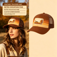 Gorra Trucker con Parche de Paisaje Natural Retro, Unisex, de Algodón con Malla Trasera, para Camping, Senderismo y Uso Diario Informal
