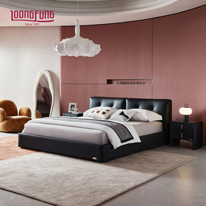 Lit plateforme minimaliste italien LOONGFUNG en cuir véritable avec <span class=keywords><strong>sommier</strong></span> en bois de pin robuste, cadre de lit facile à assortir, lit king size - Product Image 1