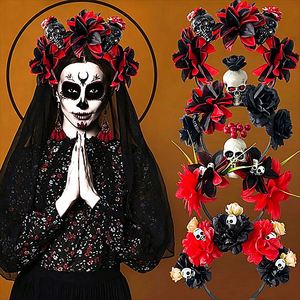 Diadema Vibrante Roja y Negra para Fiesta de Halloween con Flor Artificial de Calavera, Flores Artificiales de Alta Calidad para Suministros de Halloween - Product Image 1