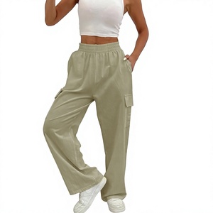 Pantalon cargo taille mi-haute pour femme, couleur unie, coupe ample, longueur intégrale, en coton, décontracté, avec poches, taille élastique, style sport - Product Image 2