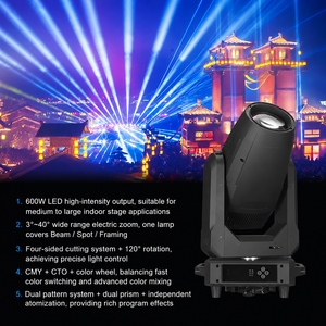 专业600W LED摇头灯 CMY CTO 调焦变焦 DMX512 3-40光束角 2800-8500K 色彩舞台灯光 - Product Image 6