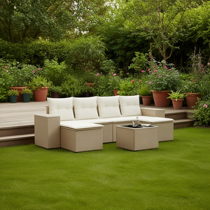 Ensemble de canapés de jardin beige en rotin, mobilier d'extérieur, coussins en mousse haute densité, imperméables, design contemporain - Product Image 3