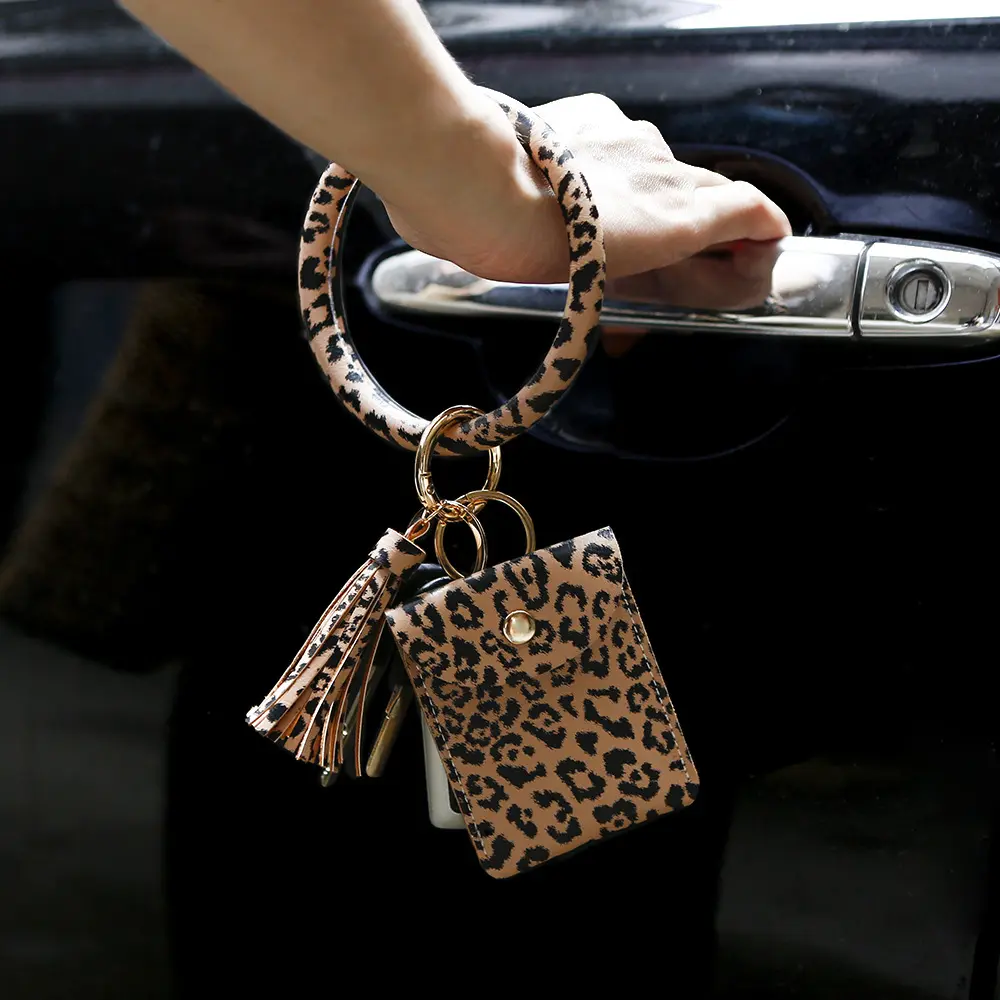 Nieuwe Auto Armband Sleutelhanger Opknoping Franje Leopard Lederen Pu Kaart Tas Portemonnee Hanger Vrouw Sleutelhanger