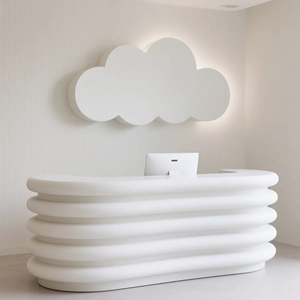 Mostrador de Recepción Moderno Impreso en 3D, Diseño de Onda Azul Claro con Superficie de Mármol - Product Image 5