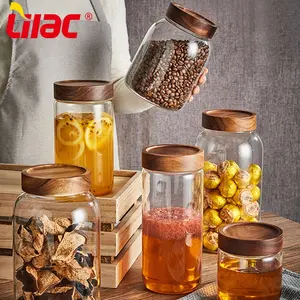 紫丁香BSCI SGS LFGB各种尺寸玻璃罐厨房用具套装硼硅酸盐玻璃罐，带相思木螺丝盖