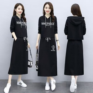 NMEPIECE Women's Two Piece Set Hooded Long Sleeve Knitted Dress Casual Sportswear Breathable Printed Outfit Black Coffee Blue - Product Image 4