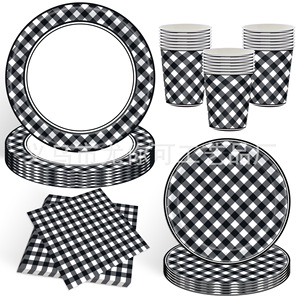 Ensemble de vaisselle de fête à carreaux noirs et blancs, assiettes, gobelets et serviettes jetables pour fête d'anniversaire d'enfants - Product Image 1
