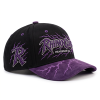 Gorra de béisbol de gamuza personalizada de fábrica con bordado 3D en relieve, estampado en relieve, diseño de rayo gótico, estilo Hip Hop RHINO Club para venta al por mayor
