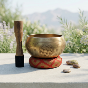 Evana Impex Bol chantant en laiton de haute qualité gravé avec marteau et coussin pour la méditation, la thérapie, la décoration intérieure, bol sonore - Product Image 1