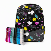 Sac à dos étudiant en cuir miroir haute brillance avec fermeture éclair, motif holographique et pochette à paillettes pour filles