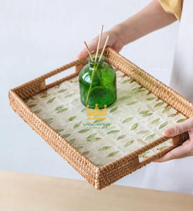 Bandejas de Servir Rectangulares Hechas a Mano con Incrustaciones de Ratán y Madreperla, Decoración Ecológica para el Hogar, Portátiles, Listas para Enviar - Product Image 4