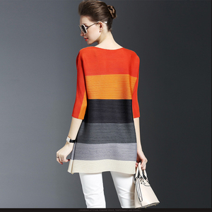 De moda versátil gran stripe T camisa base blusa <span class=keywords><strong>Issey</strong></span> <span class=keywords><strong>Miyake</strong></span> pliegues <span class=keywords><strong>vestido</strong></span> de camisa t - Product Image 2