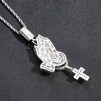 BESDZ0515 Collier en laiton avec pendentif croix hip-hop européen et américain, mains jointes en prière, chaîne en corde rétro à la mode