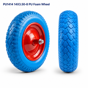 ล้อรถเข็น PU1414 ขนาด 14x3.50-8 แบบไม่ต้องเติมลม ขนาด 14 นิ้ว สีฟ้า ยางโฟม PU ขอบเหล็กสีแดง รูเพลา 1/2 นิ้ว อะไหล่รถเข็นสวน รถเข็นมือ - Product Image 1