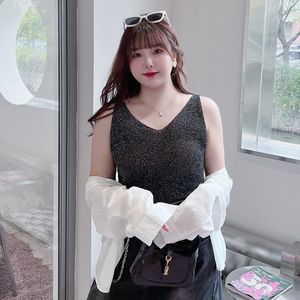 N7992 Camiseta sin mangas de punto con cuello en V para mujer, color liso, talla grande, tacto seda helada, rosa bebé, azul Nilo, cielo estrellado, negro obsidiana - Product Image 2