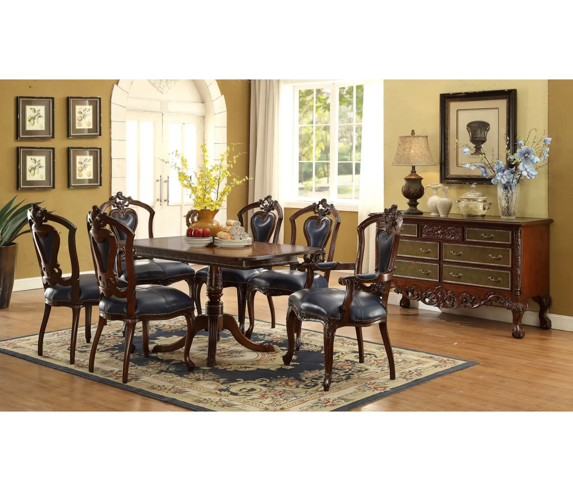 Luxury Hotel Home Furniture Dinner Table Set Antique Style Mahogany Wooden Wedding Chair Dining Room Set Classic Type GGM324