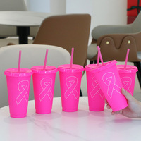 Gobelet isotherme réutilisable 24oz avec ruban rose pour la sensibilisation au cancer du sein, avec paille, double paroi, couvercle en plastique PP, style épuré, tasse droite