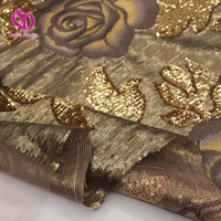 Nouvelle Arrivée Tissu Brodé de Paillettes 3D Rose Brillant Doré Marron en Tulle Floral pour Robe de Mariée, de Soirée ou de Bal