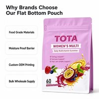 Sachet à fond plat imprimé sur mesure avec fermeture éclair unidirectionnelle, pochette alimentaire verticale pour bonbons, vitamines, snacks, vente en gros, OEM