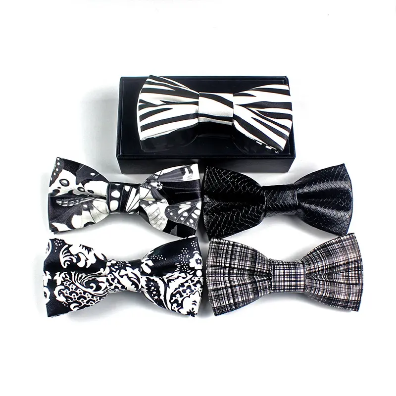 Hot selling free sample mens accessories handmade black white leather bow tie manufacturers